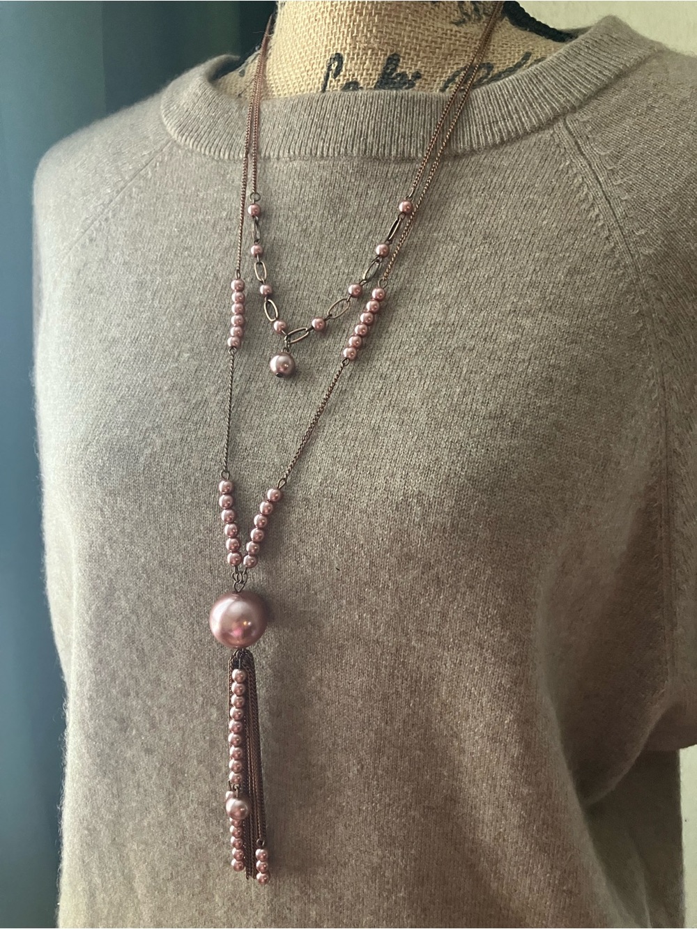 Copper beaded necklace with chain tassel